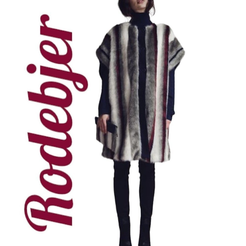 NWT RODEBJER Striped Faux Fur Button Front Short Sleeve Knee Length Coat, XS